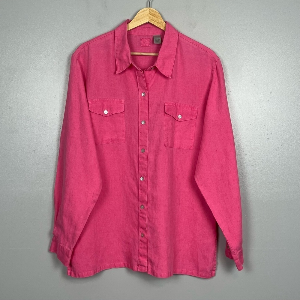 Lino by Chico’s pink 100% linen longsleeve button front shirt, 2 = large.